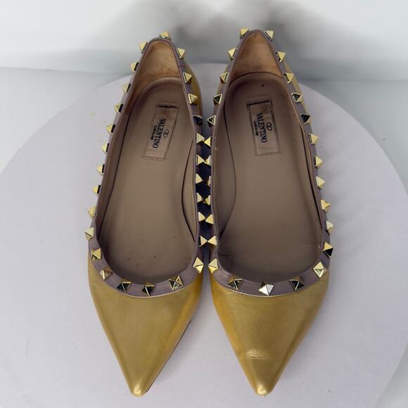 Valentino Metallic Gold Leather Rockstud Ballet Flats Size 38 *flaw - Picture 3 of 10